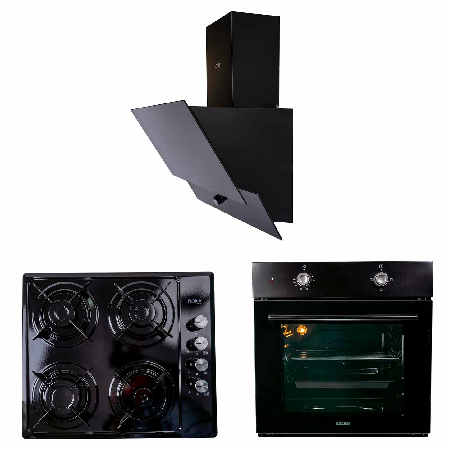 Pachet cuptor incorporabil (1857), capacitate 51L, electric, negru, plita incorporabila (1864), 60x50x6 cm, gaz butelie sau gaz natural(duze de schimb incluse), hota incorporabila decorativa, 60 cm (1888) / SET 30025