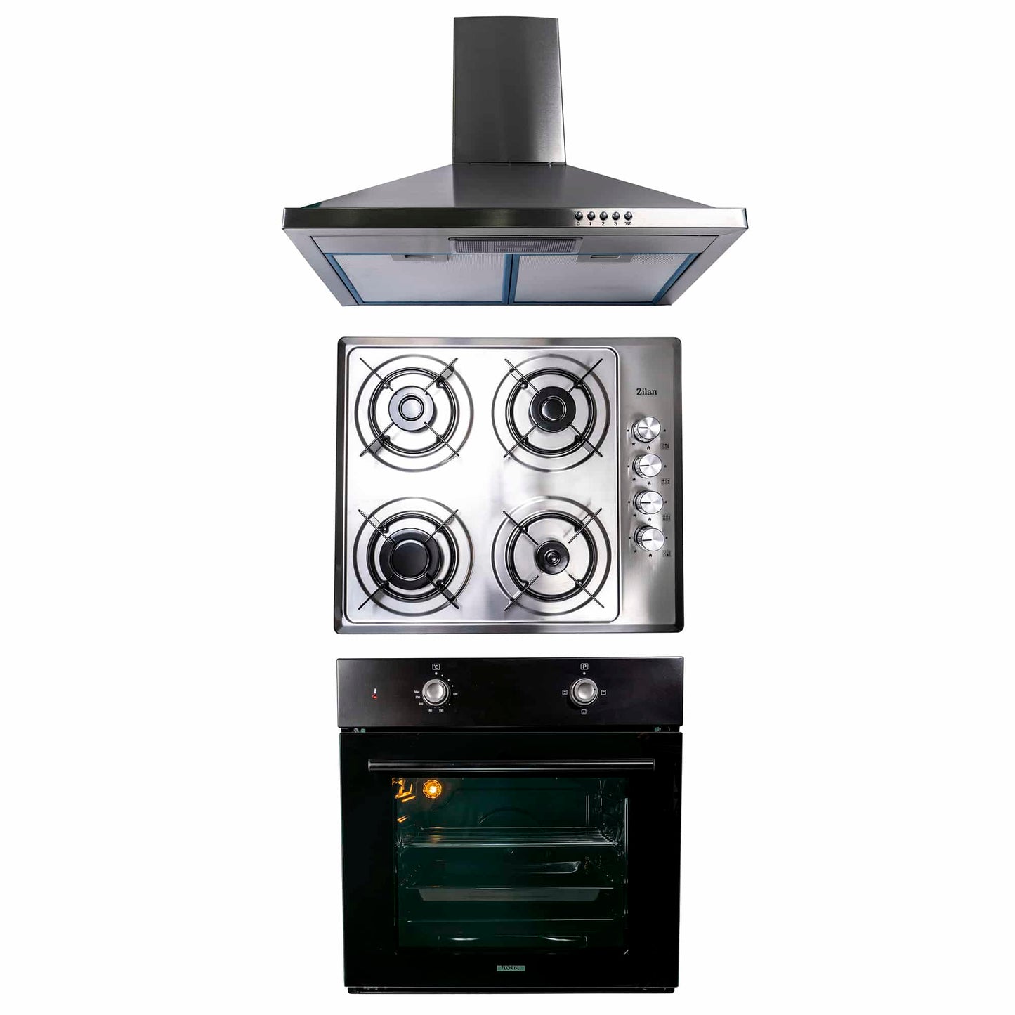 Pachet cuptor electric incorporabil 51L, plita gaz inox 60x50x6 cm, hota incorporabila inox 63 cm
