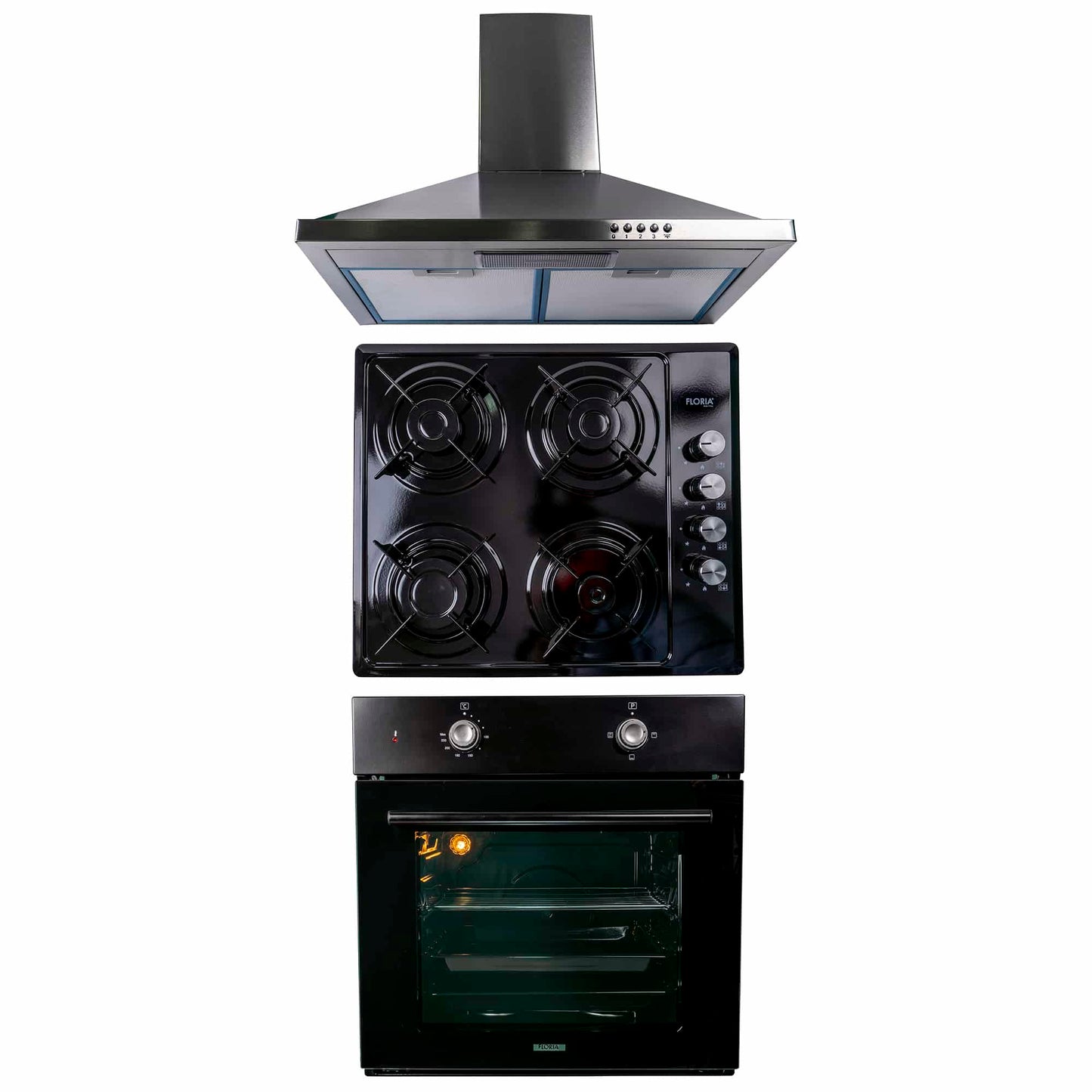 Pachet cuptor electric incorporabil 51L negru, plita gaz incorporabila 60x50x6 cm, hota inox 63 cm