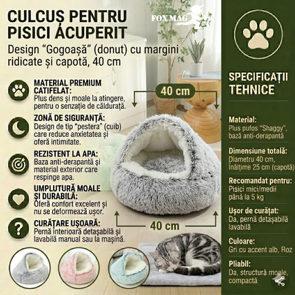 Culcus pentru pisici, design cu margini ridicate, acoperit, 40 cm, Roz