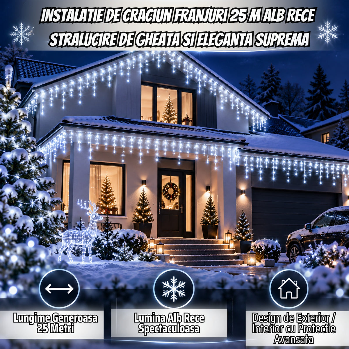 Instalație LED tip țurțuri, 500 LED-uri, 25 m, alb rece – imagine 2