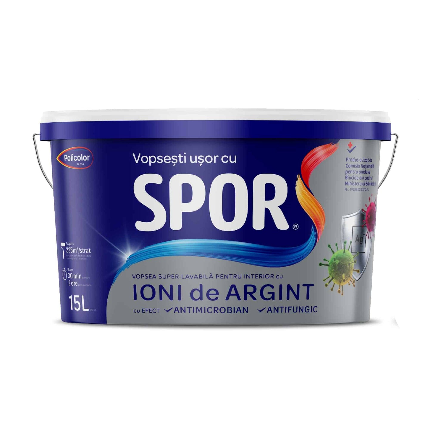 Vopsea lavabila interior 15 L cu ioni de argint alb mat, finisaj mat uniform