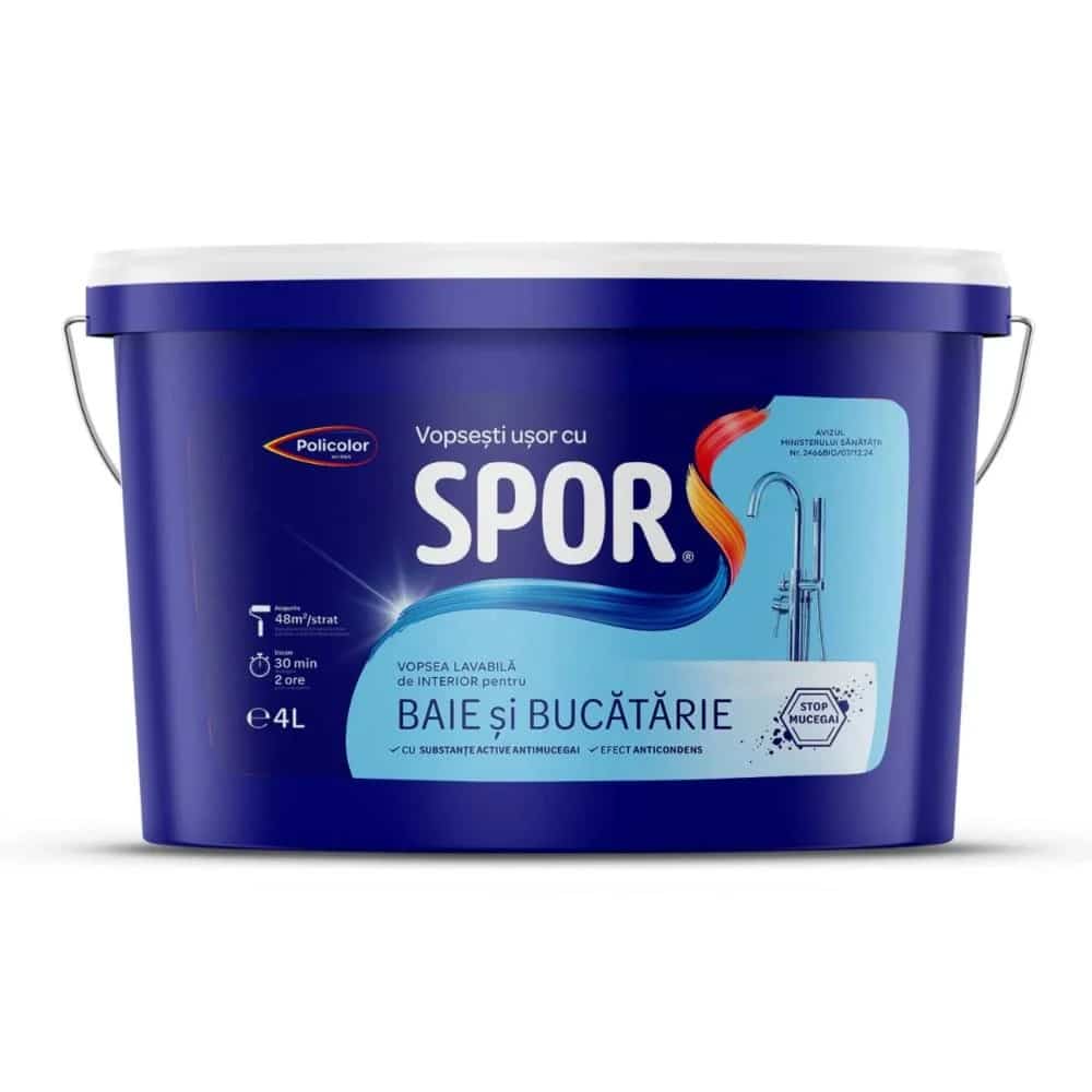 Vopsea lavabila interior baie si bucatarie 4L, rezistenta la umiditate, alba, SPOR