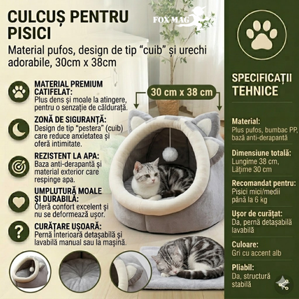 Culcus pentru pisici, 30cm x 38cm, casuta cu urechi, Gri