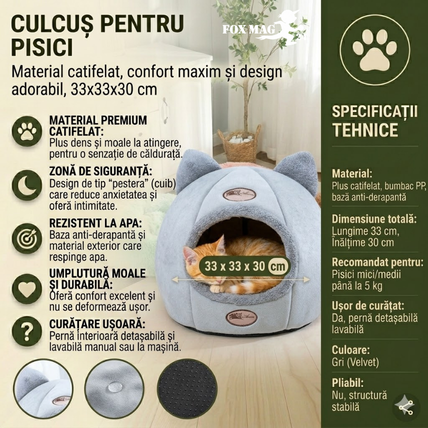 Culcus pentru pisici, material catifelat, rezistent la apa, 33x33x30 cm, Gri
