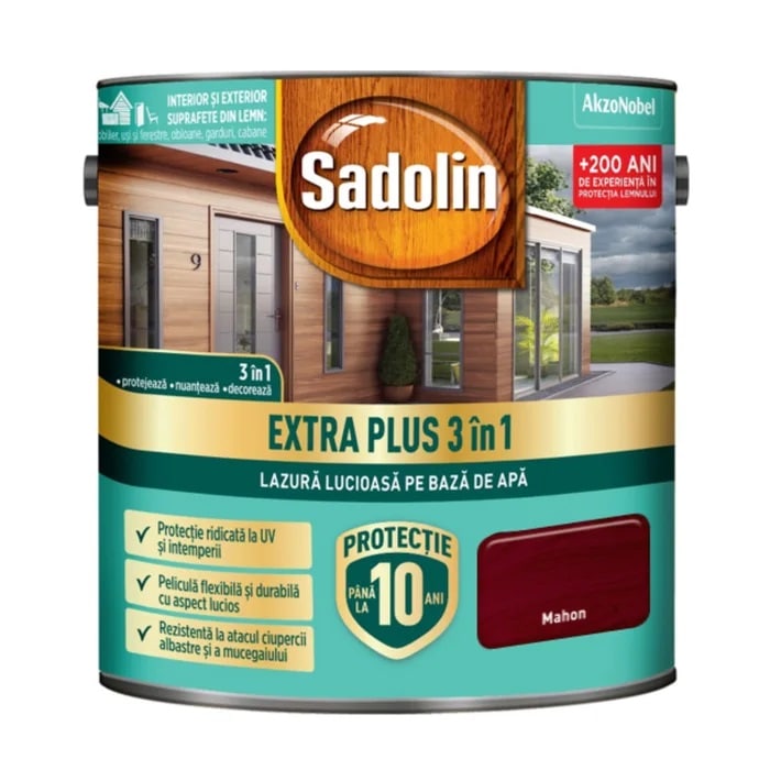 Lazura lucioasa 3 in 1 pe baza de apa, nuanta mahon, 2.5L, protectie si finisaj lemn