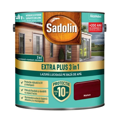 Lazura lucioasa 3 in 1 pe baza de apa, nuanta mahon, 2.5L, protectie si finisaj lemn