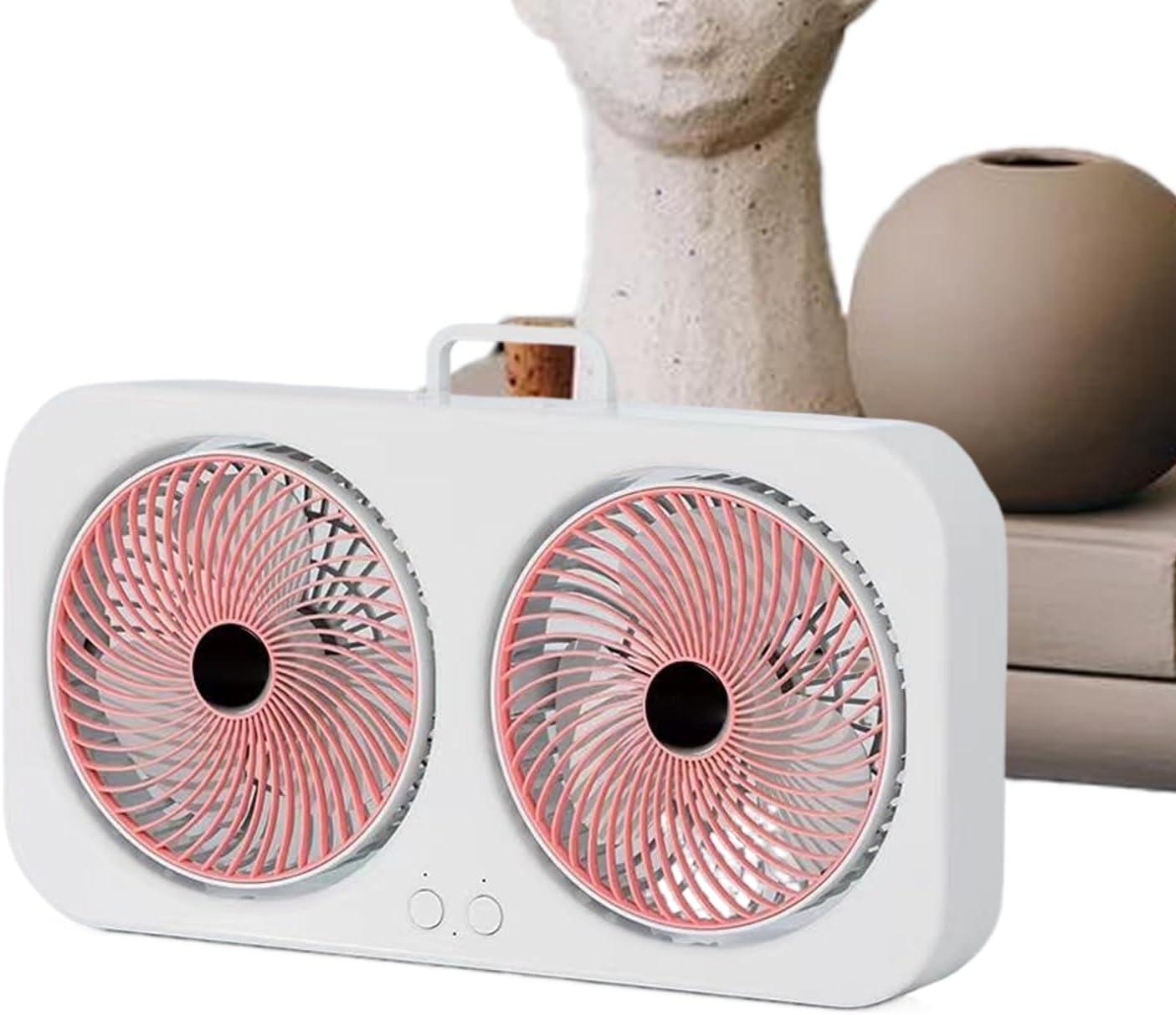 Ventilator portabil de birou cu dublu ventilator, reîncărcabil USB, 3 viteze, design compact pentru casă și birou, alb/roz