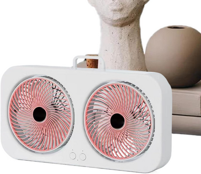 Ventilator portabil de birou cu dublu ventilator, reîncărcabil USB, 3 viteze, design compact pentru casă și birou, alb/roz