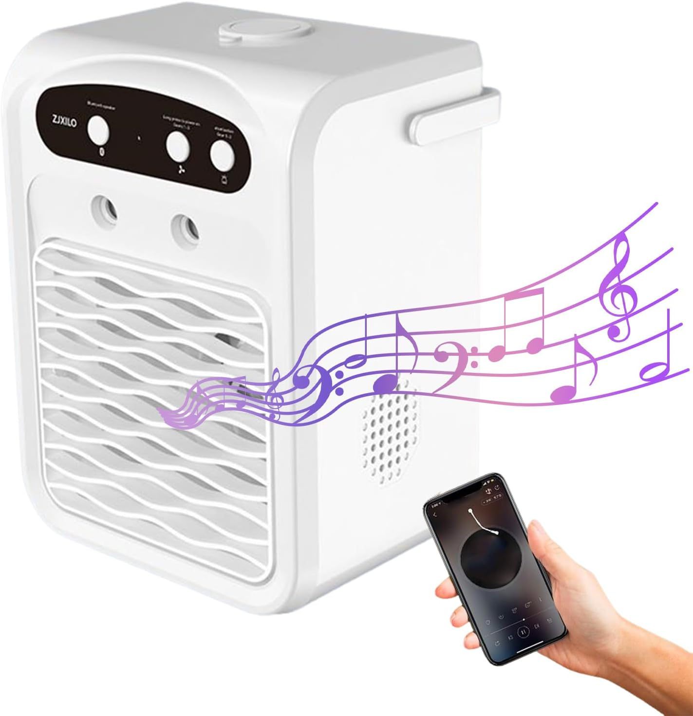 Aer conditionat mini, rezervor de apa de 1000 ml, 3 viteze ale vantului, difuzor Bluetooth, lumina ambientala colorata, racire rapida, alb