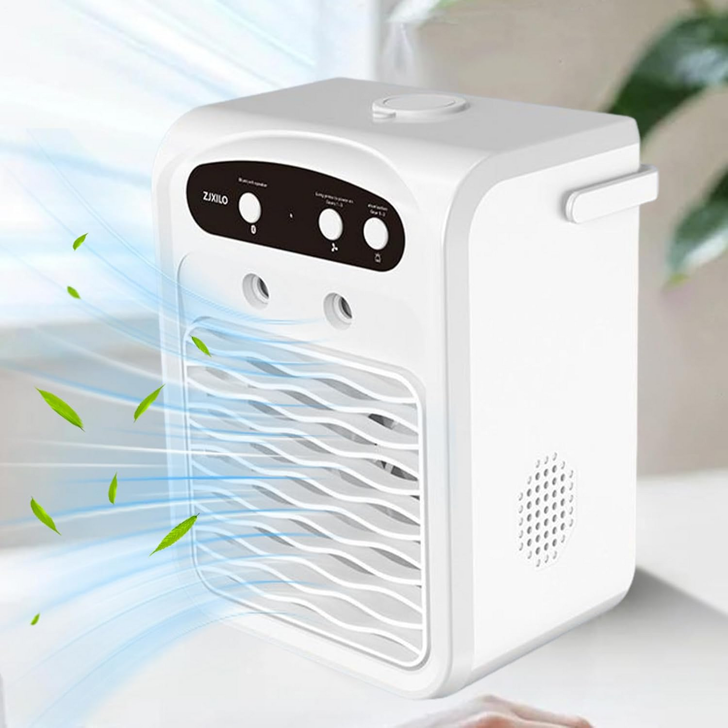 Aer conditionat mini, rezervor de apa de 1000 ml, 3 viteze ale vantului, difuzor Bluetooth, lumina ambientala colorata, racire rapida, alb