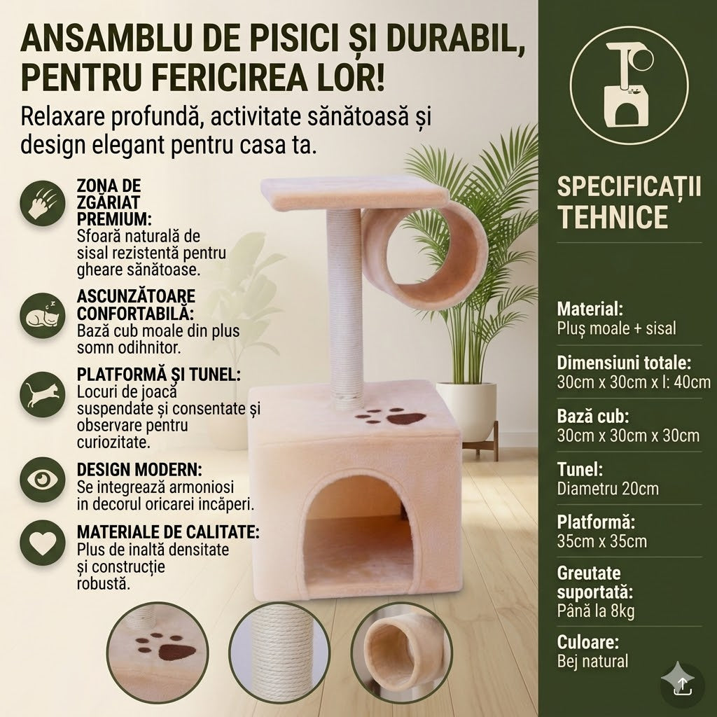 Ansamblu de joaca pentru pisici, cu spatii de odihna si joaca, doua etaje, crem