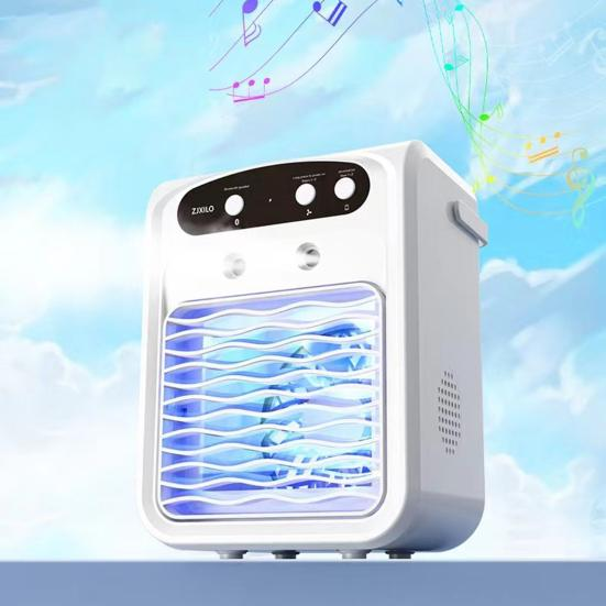 Aer conditionat mini, rezervor de apa de 1000 ml, 3 viteze ale vantului, difuzor Bluetooth, lumina ambientala colorata, racire rapida, alb