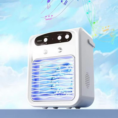 Aer conditionat mini, rezervor de apa de 1000 ml, 3 viteze ale vantului, difuzor Bluetooth, lumina ambientala colorata, racire rapida, alb