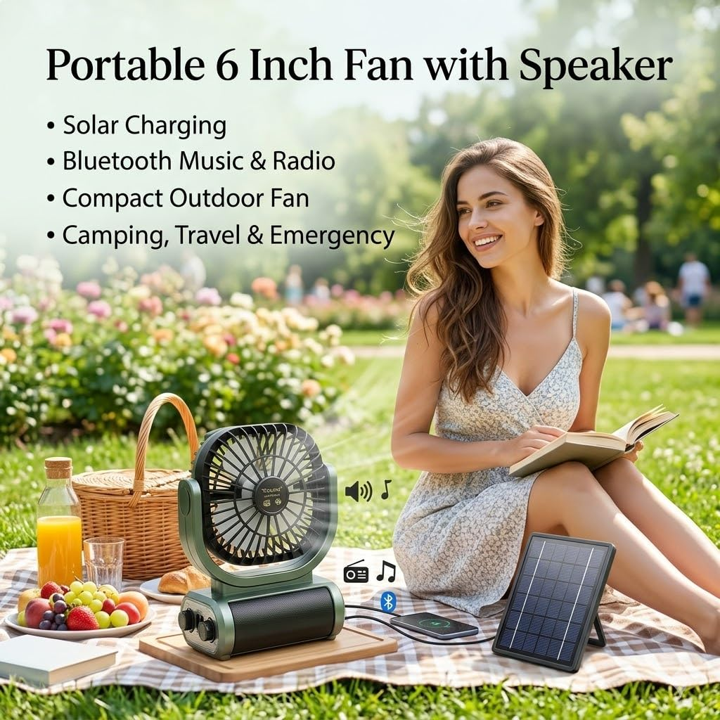 Ventilator Puternic Portabil Cu Incarcare Solara Si Radio FM, Design compact, Bază rabatabilă, negru