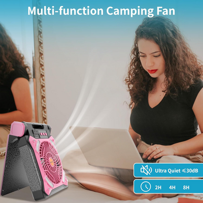 Ventilator portabil de camping, reîncărcabil, cu lumină LED și panou solar, cu USB, negru/roz
