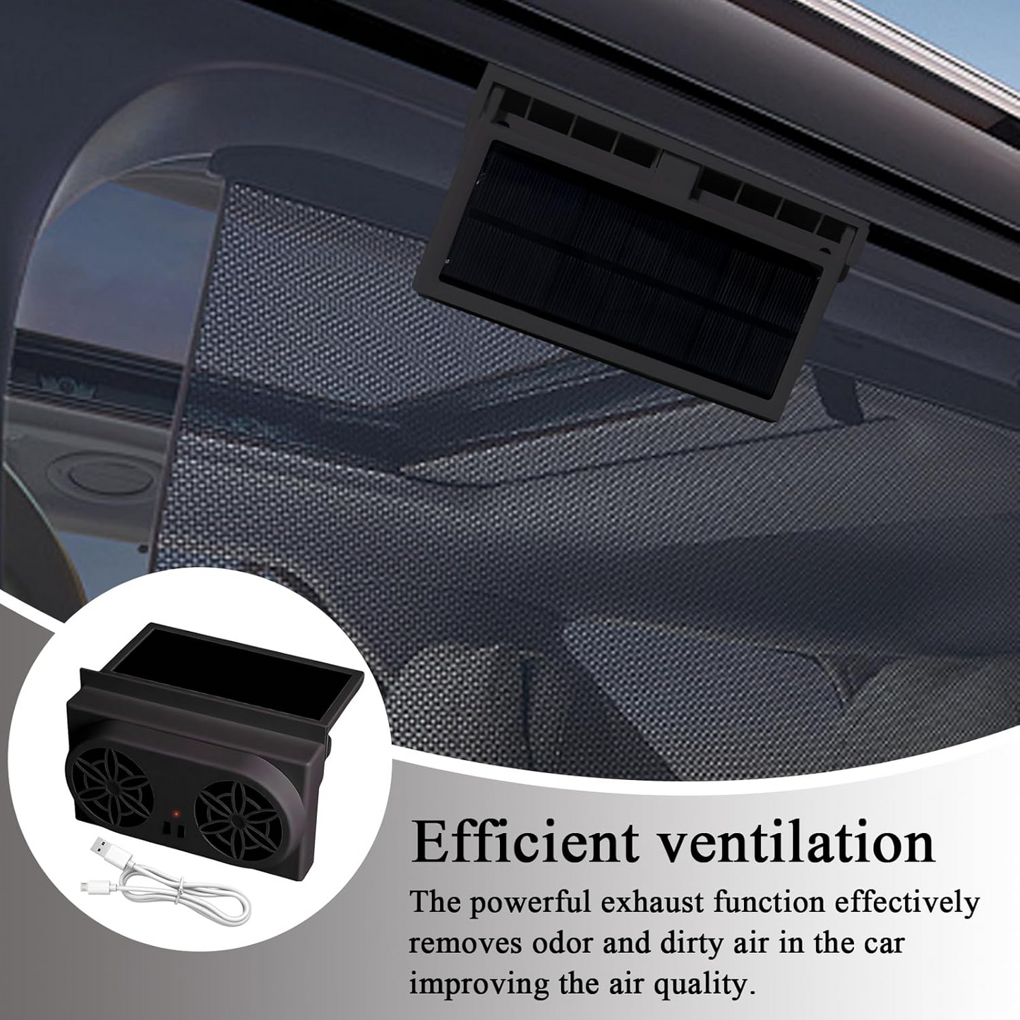 Ventilator pentru geam auto, încărcare solară portabilă, design ușor de instalat, rezistent, reduce căldura, promovează fluxul de aer, ventilator de evacuare cu economie de energie, negru