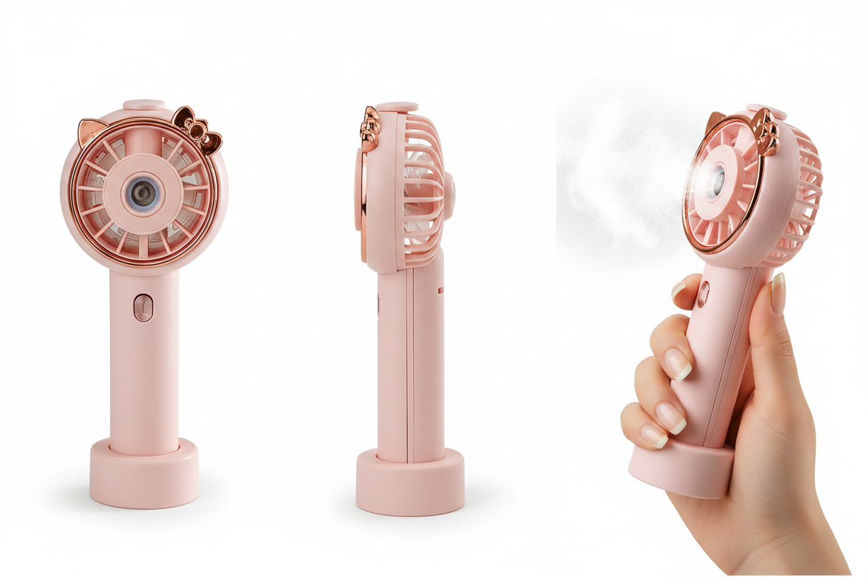 Mini Ventilator Portabil cu Pulverizare, 2in1, Pliabil, 3 Trepte de Viteza, Reincarcare USB, din ABS, Roz