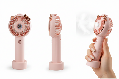 Mini Ventilator Portabil cu Pulverizare, 2in1, Pliabil, 3 Trepte de Viteza, Reincarcare USB, din ABS, Roz