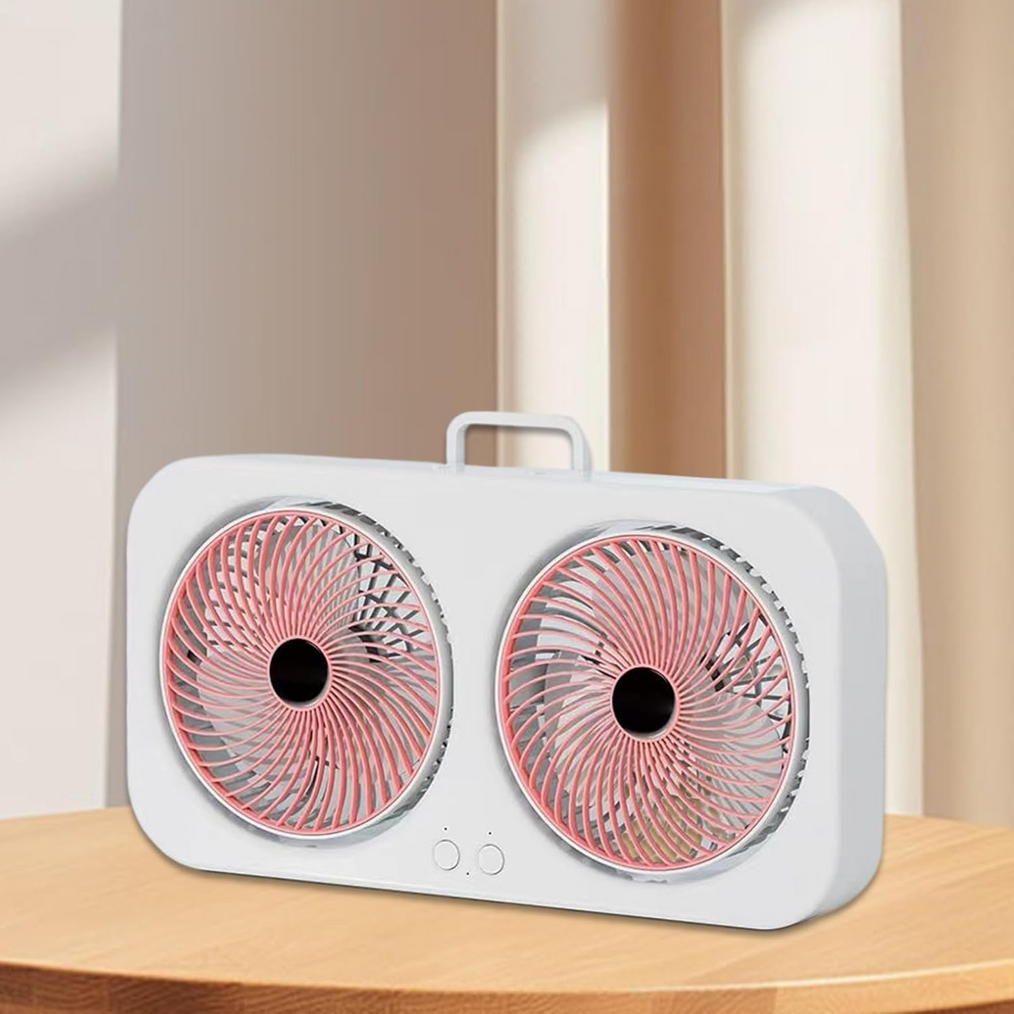 Ventilator portabil de birou cu dublu ventilator, reîncărcabil USB, 3 viteze, design compact pentru casă și birou, alb/roz