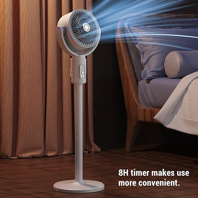 Ventilator oscilant cu telecomandă și temporizator 8H, 5 viteze, oscilație 90°, inălțime reglabilă, ventilator silențios pentru dormitor și birou, alb