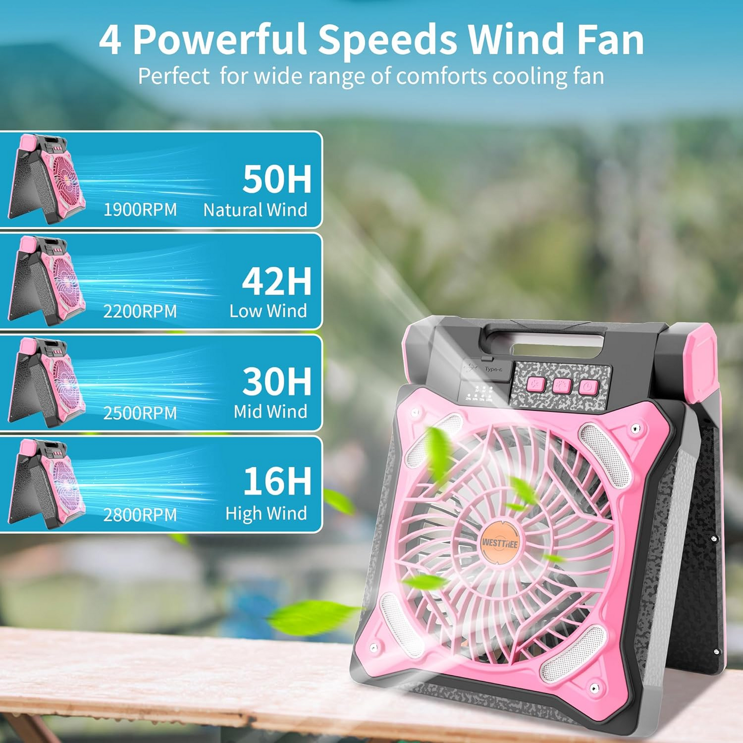 Ventilator portabil de camping, reîncărcabil, cu lumină LED și panou solar, cu USB, negru/roz