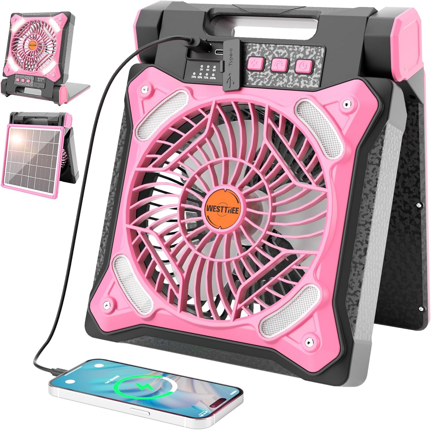 Ventilator portabil de camping, reîncărcabil, cu lumină LED și panou solar, cu USB, negru/roz