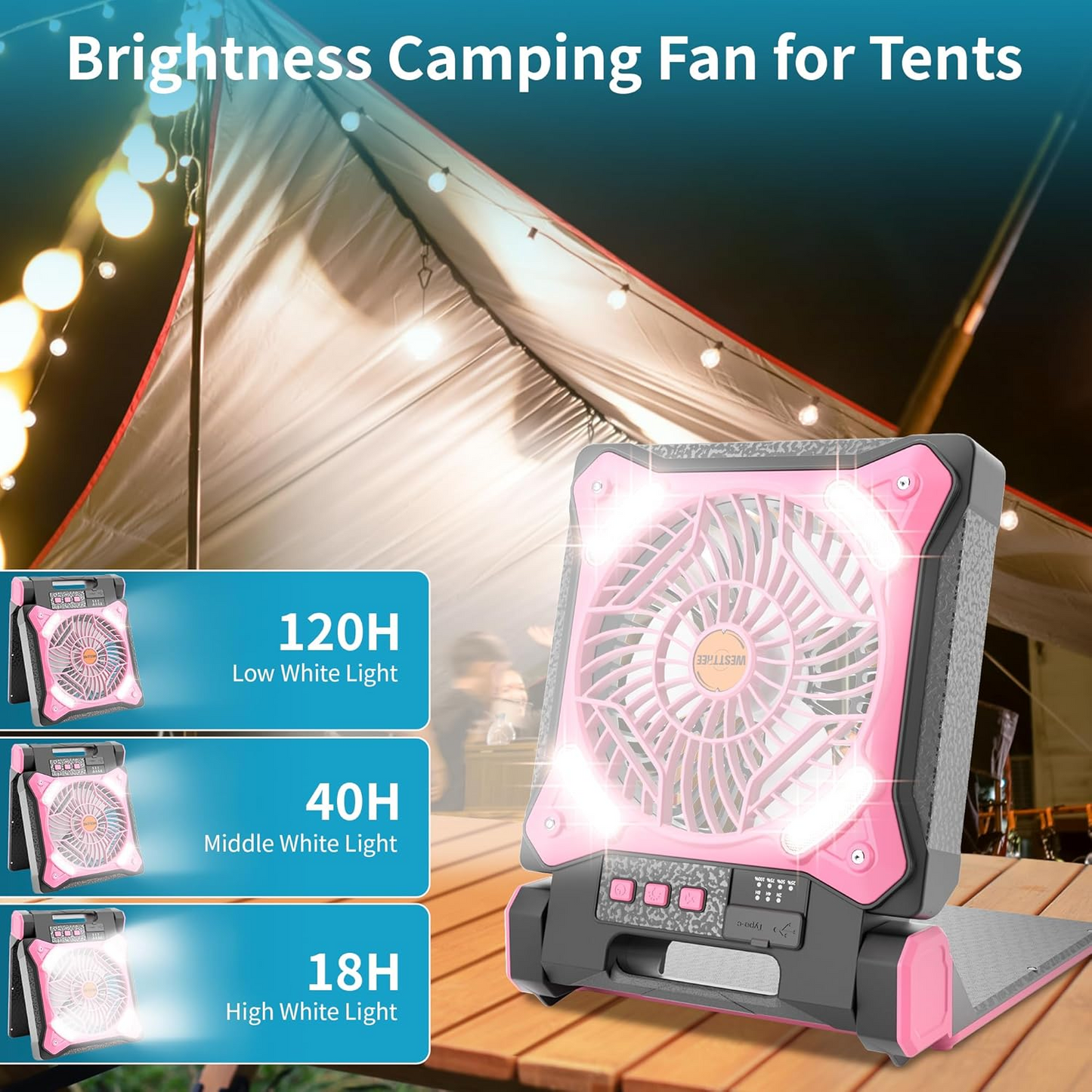 Ventilator portabil de camping, reîncărcabil, cu lumină LED și panou solar, cu USB, negru/roz
