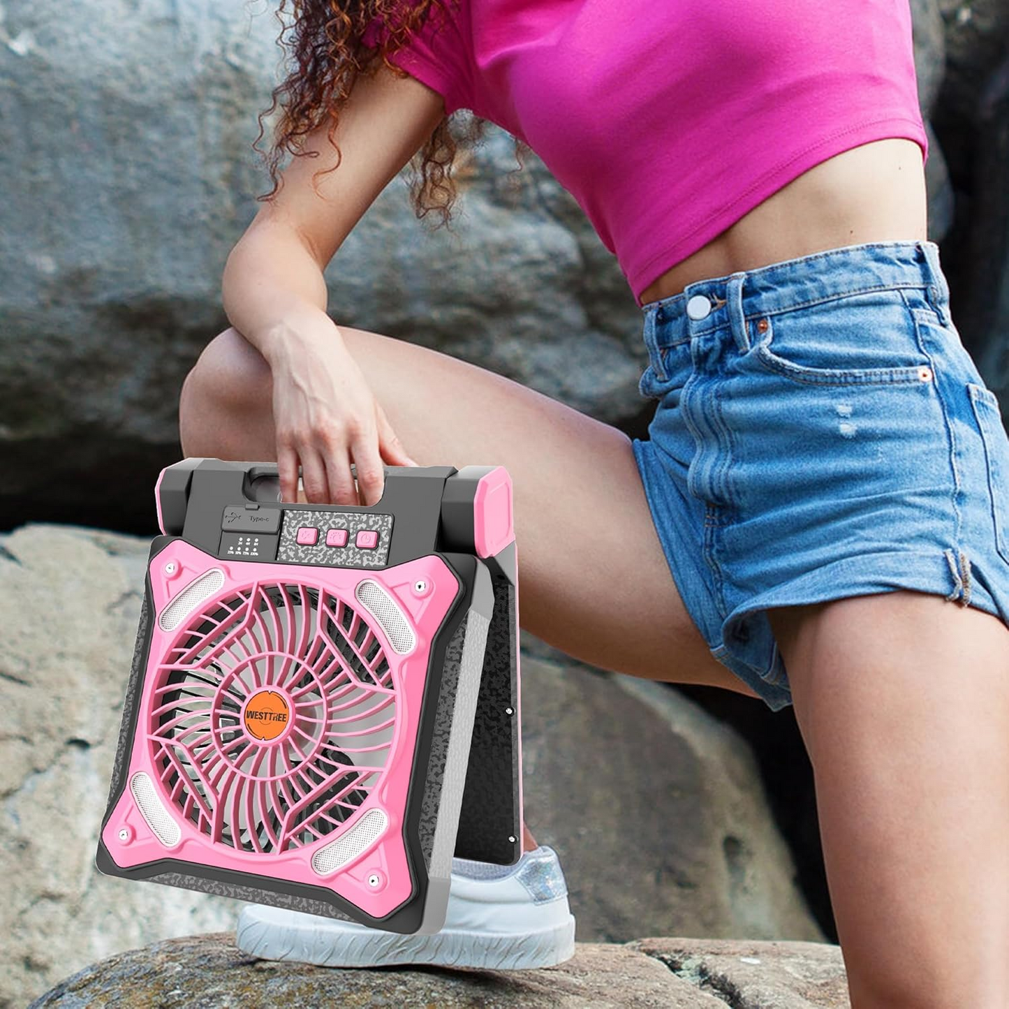 Ventilator portabil de camping, reîncărcabil, cu lumină LED și panou solar, cu USB, negru/roz