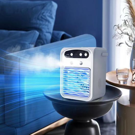 Aer conditionat mini, rezervor de apa de 1000 ml, 3 viteze ale vantului, difuzor Bluetooth, lumina ambientala colorata, racire rapida, alb