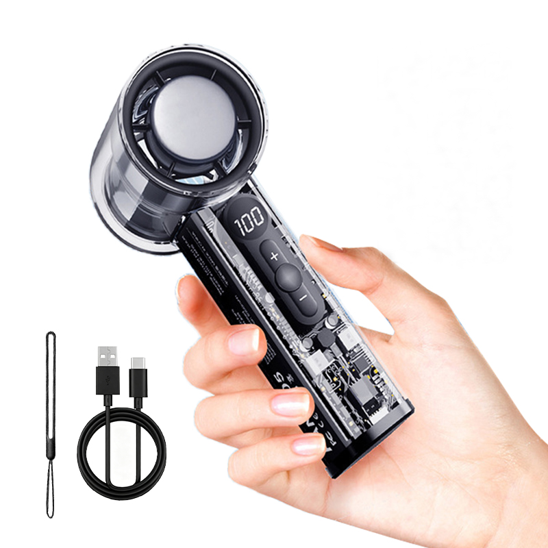 Mini ventilator portabil transparent cu gheață, încărcat prin USB, material ABS, pentru camping în aer liber, negru