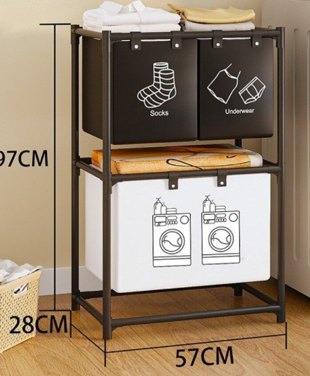 Cos pentru rufe cu suport de depozitare, structura solida, dimensiuni  97 x 44 x 57 cm, negru/alb