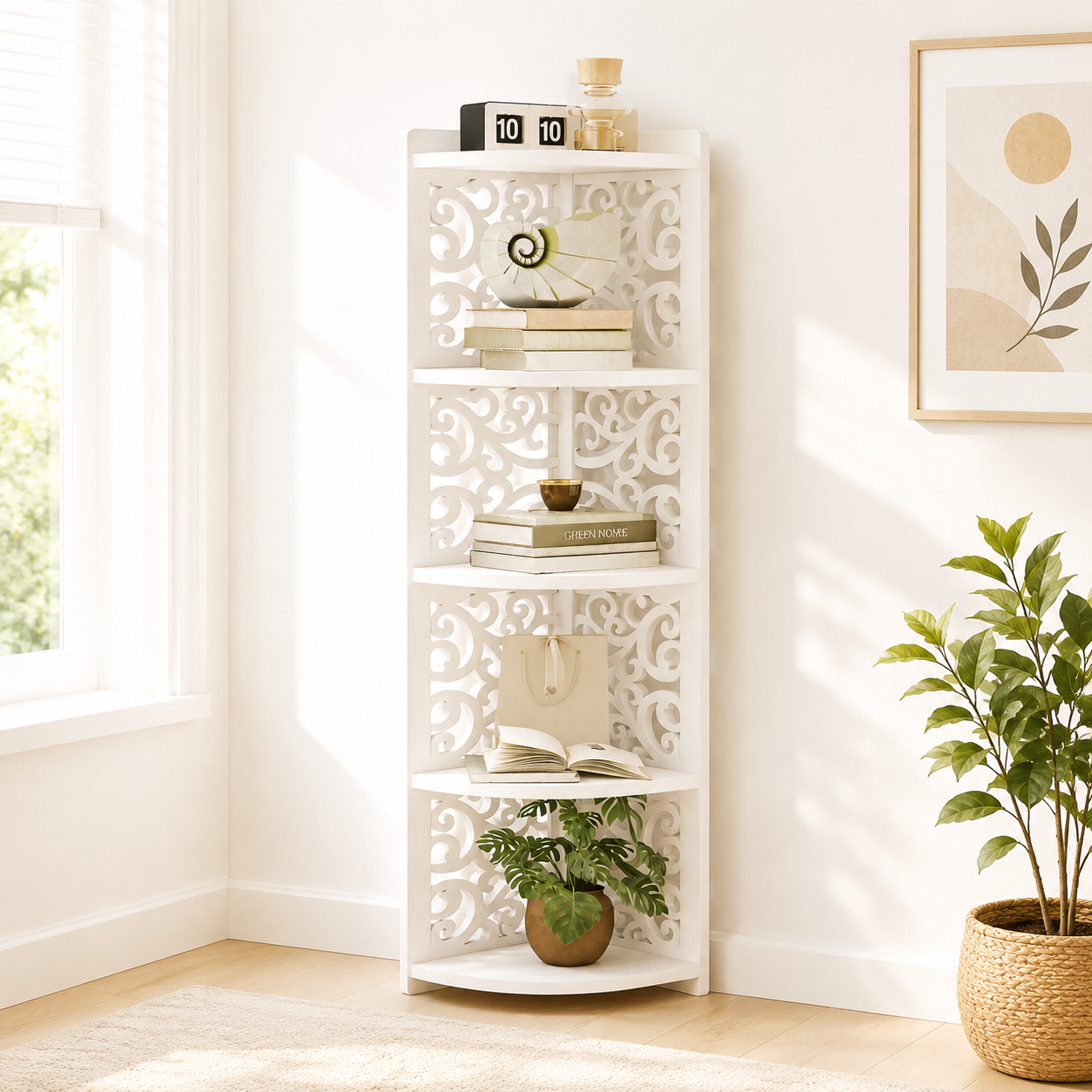 Raft organizator decorativ cu 5 etaje, pentru living, baie sau dormitor, dimensiuni 120x23cm, alb
