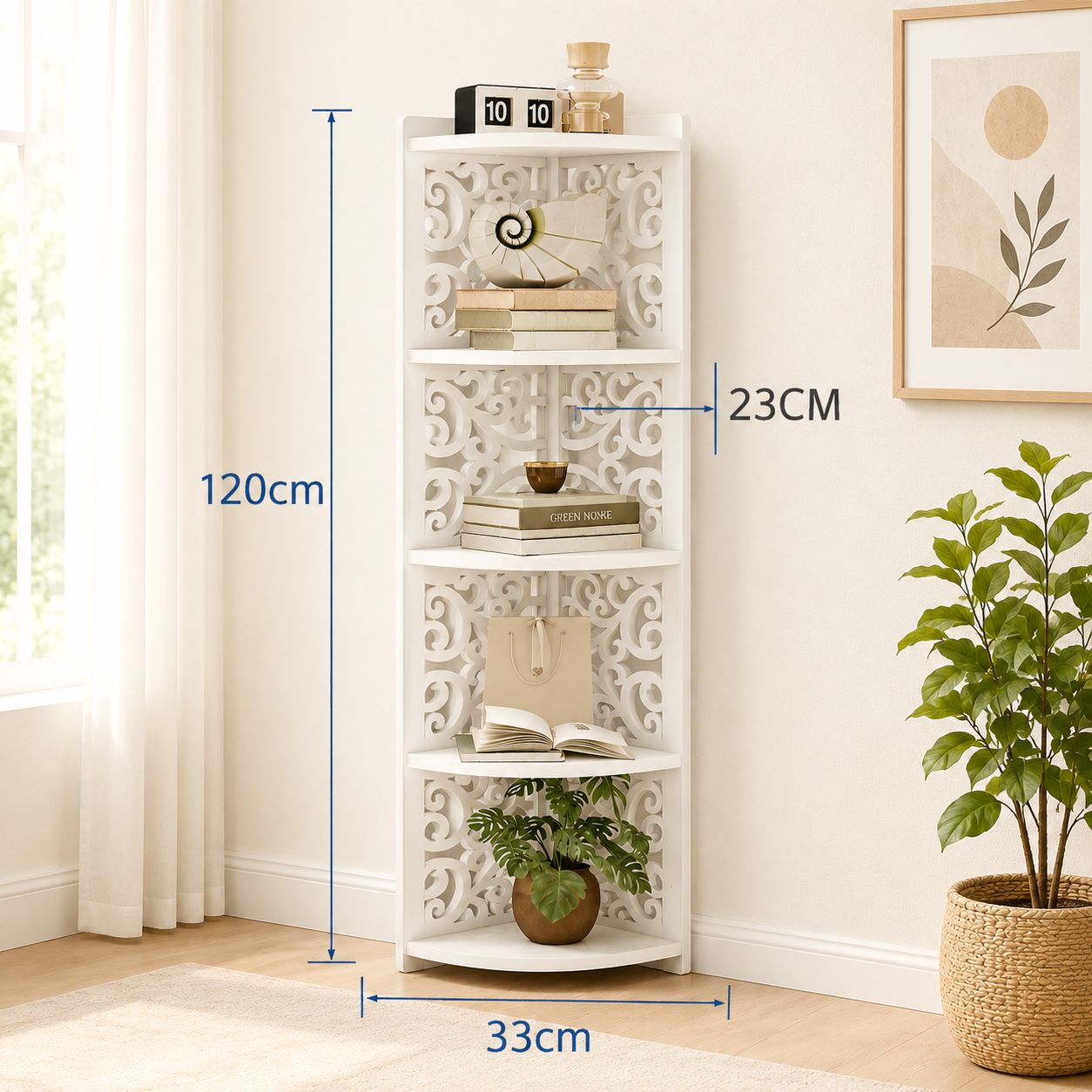 Raft organizator decorativ cu 5 etaje, pentru living, baie sau dormitor, dimensiuni 120x23cm, alb