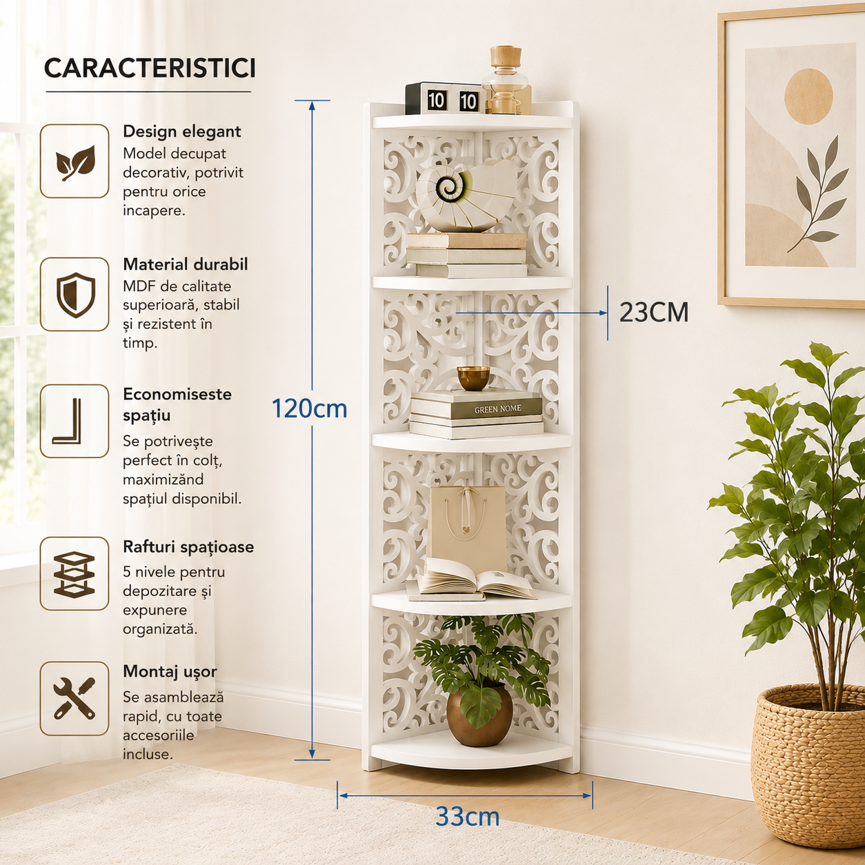 Raft organizator decorativ cu 5 etaje, pentru living, baie sau dormitor, dimensiuni 120x23cm, alb
