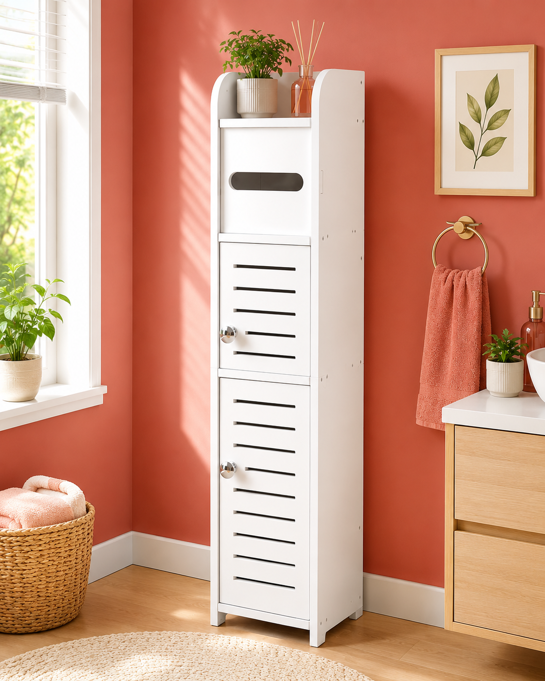 Dulap multifunctional cu 4 niveluri, cu 2 usi, compartiment pentru hartia igienica, rezistent la umiditate, alb