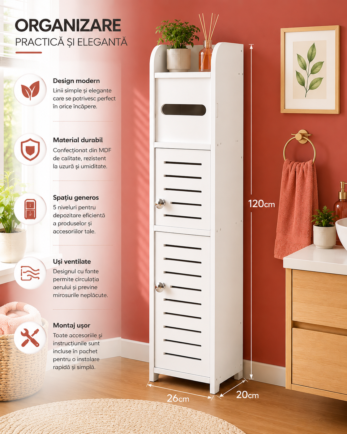 Dulap multifunctional cu 4 niveluri, cu 2 usi, compartiment pentru hartia igienica, rezistent la umiditate, alb