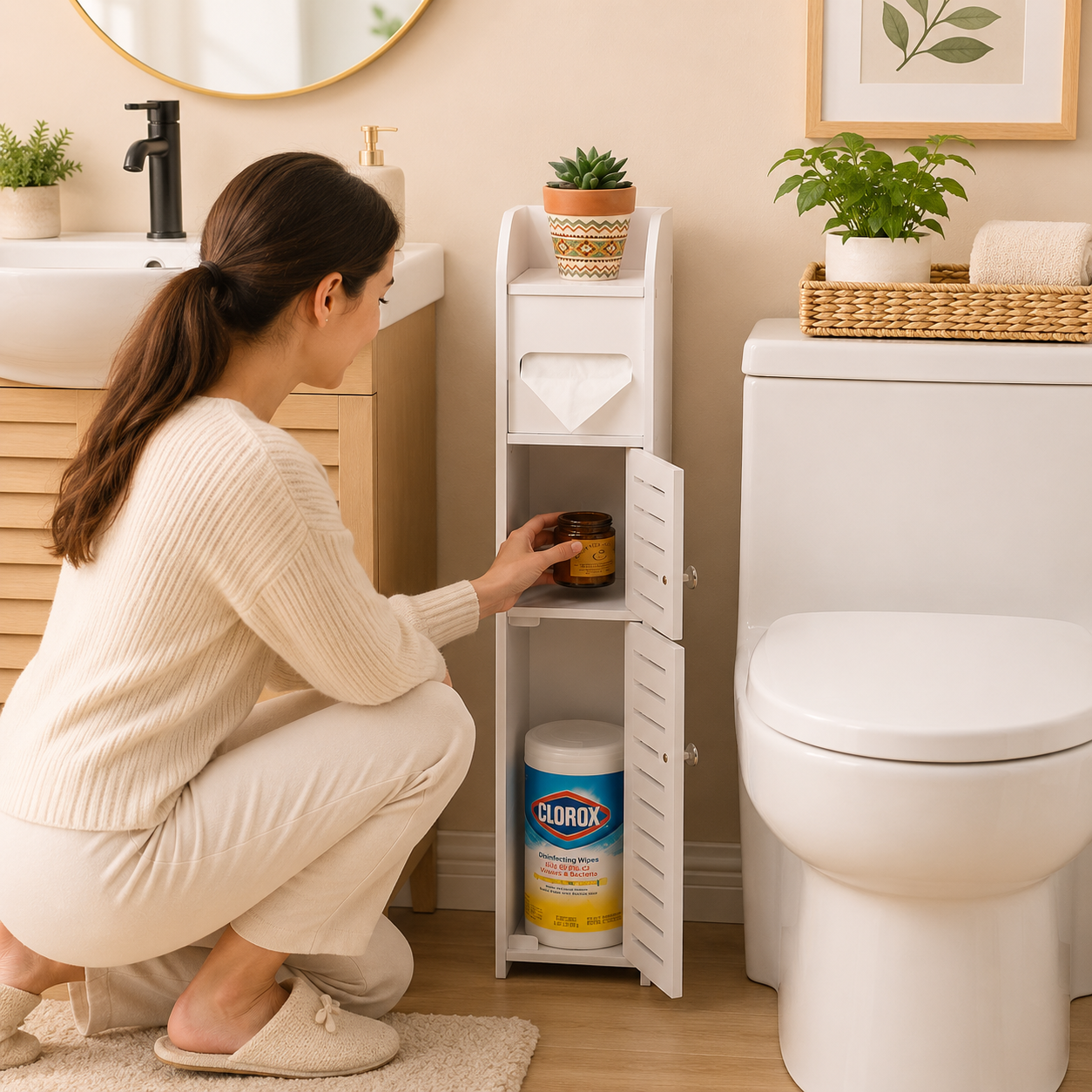 Dulap multifunctional cu 4 niveluri, cu 2 usi, compartiment pentru hartia igienica, rezistent la umiditate, alb