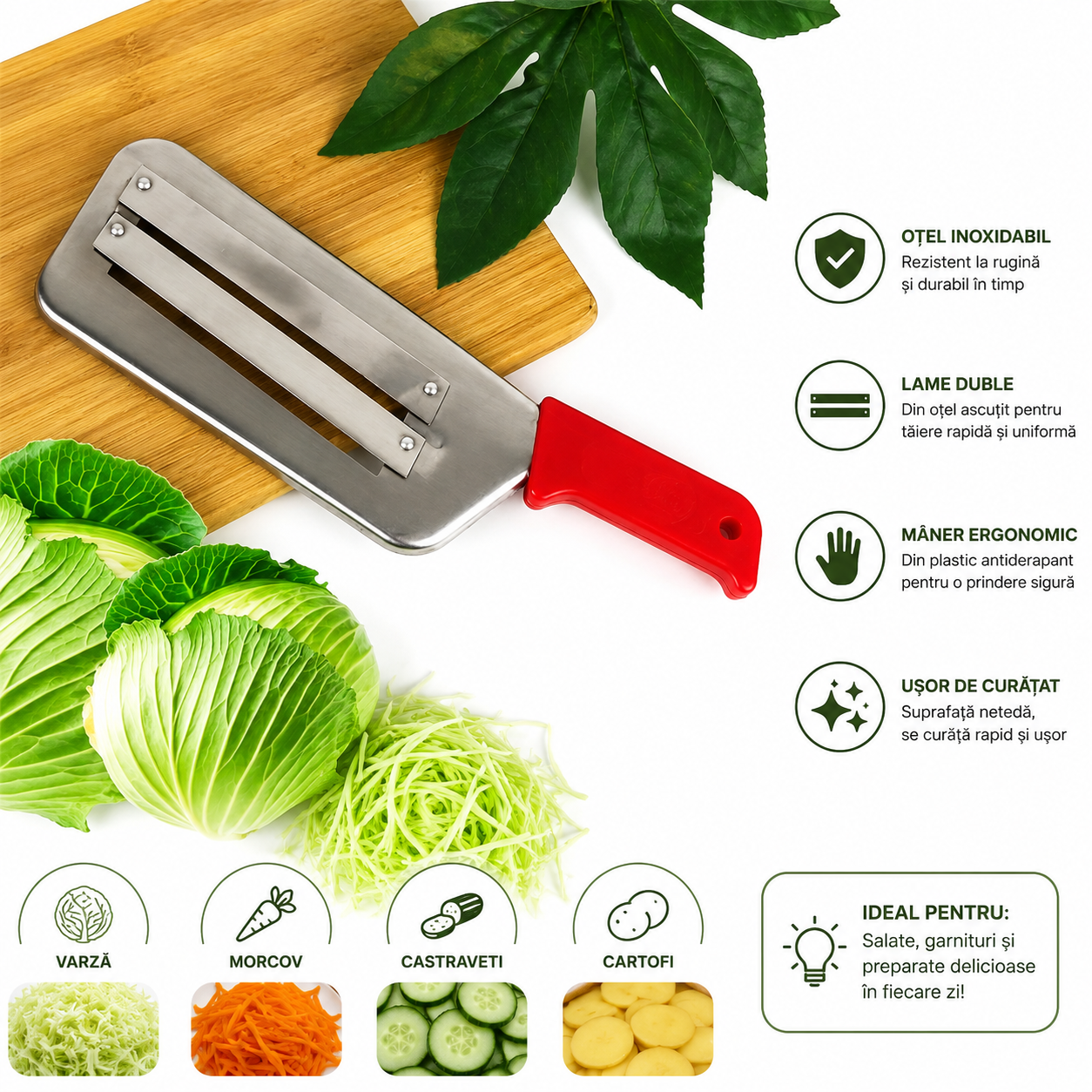 Cutit pentru tocat legume si varza fasii, lungime 29.5 cm, din metal, cu maner antialunecare, argintiu