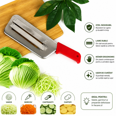 Cutit pentru tocat legume si varza fasii, lungime 29.5 cm, din metal, cu maner antialunecare, argintiu
