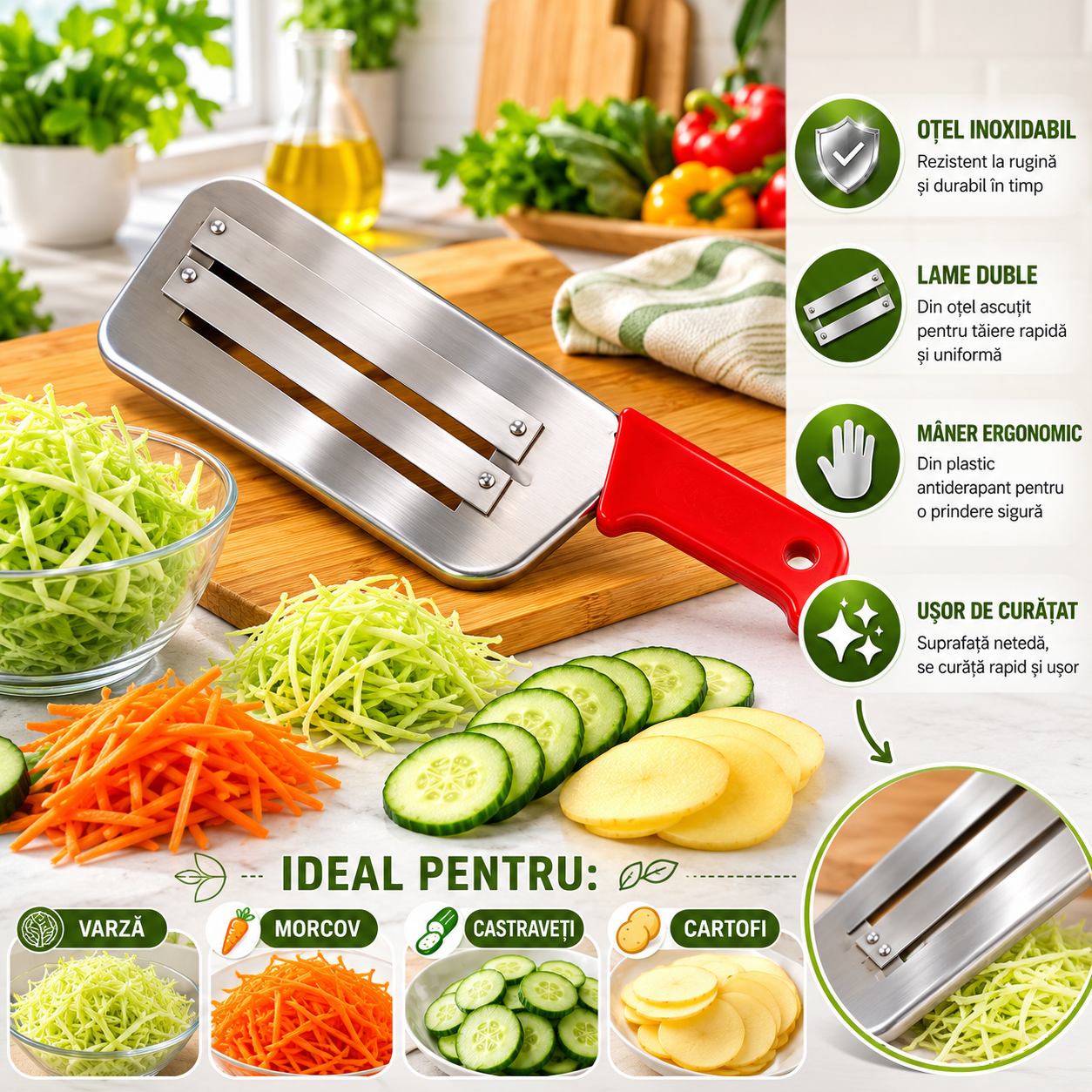 Cutit pentru tocat legume si varza fasii, lungime 29.5 cm, din metal, cu maner antialunecare, argintiu