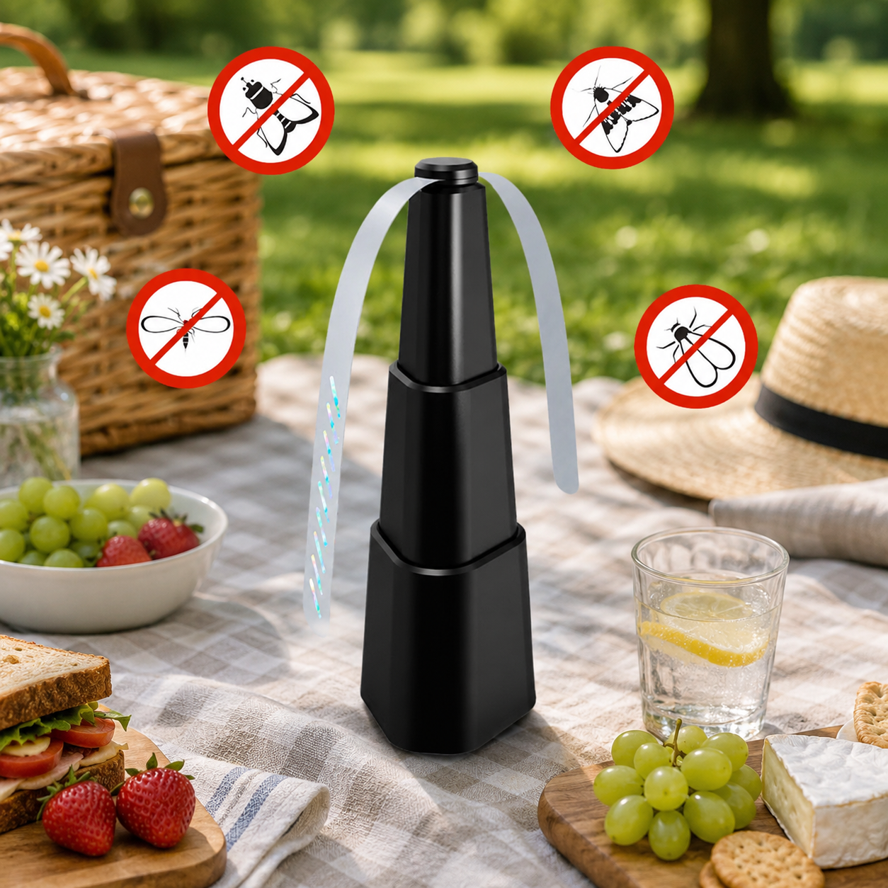 Ventilator anti muste si insecte, pentru masa, cu 3 niveluri de inaltime reglabila, functionare cu baterii, cu un design holografic reflectorizant, negru