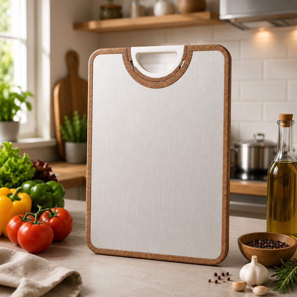 Tocător Dublu Profesional Inox/Fibră cu Mini Răzătoare și Mâner Rotativ 41x28 cm Argintiu/Maro