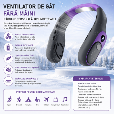 Ventilator de Gât Hands-Free cu Display LED, 3 Viteze, USB-C, Autonomie 8 Ore, Silențios, Gri-Mov