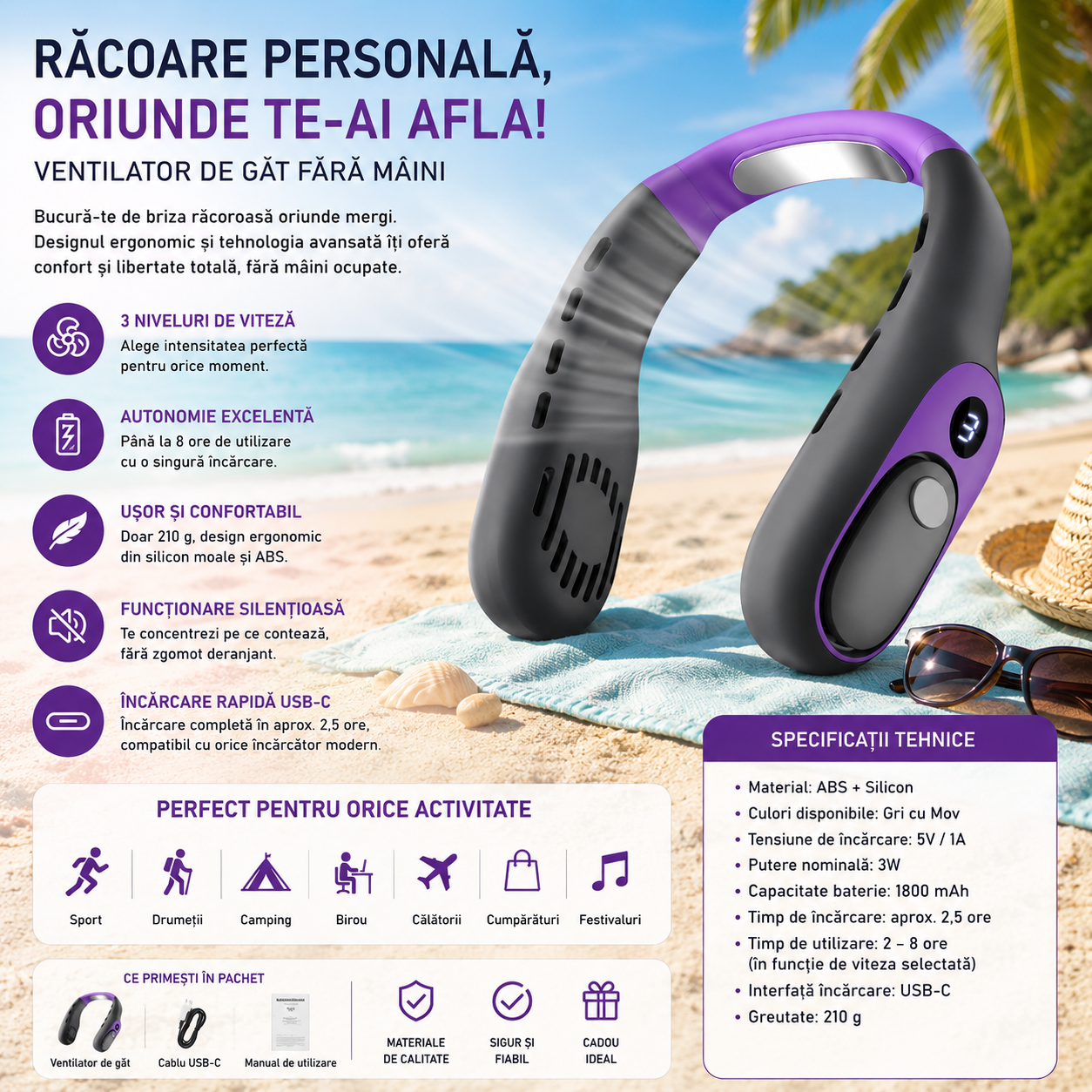 Ventilator de Gât Hands-Free cu Display LED, 3 Viteze, USB-C, Autonomie 8 Ore, Silențios, Gri-Mov