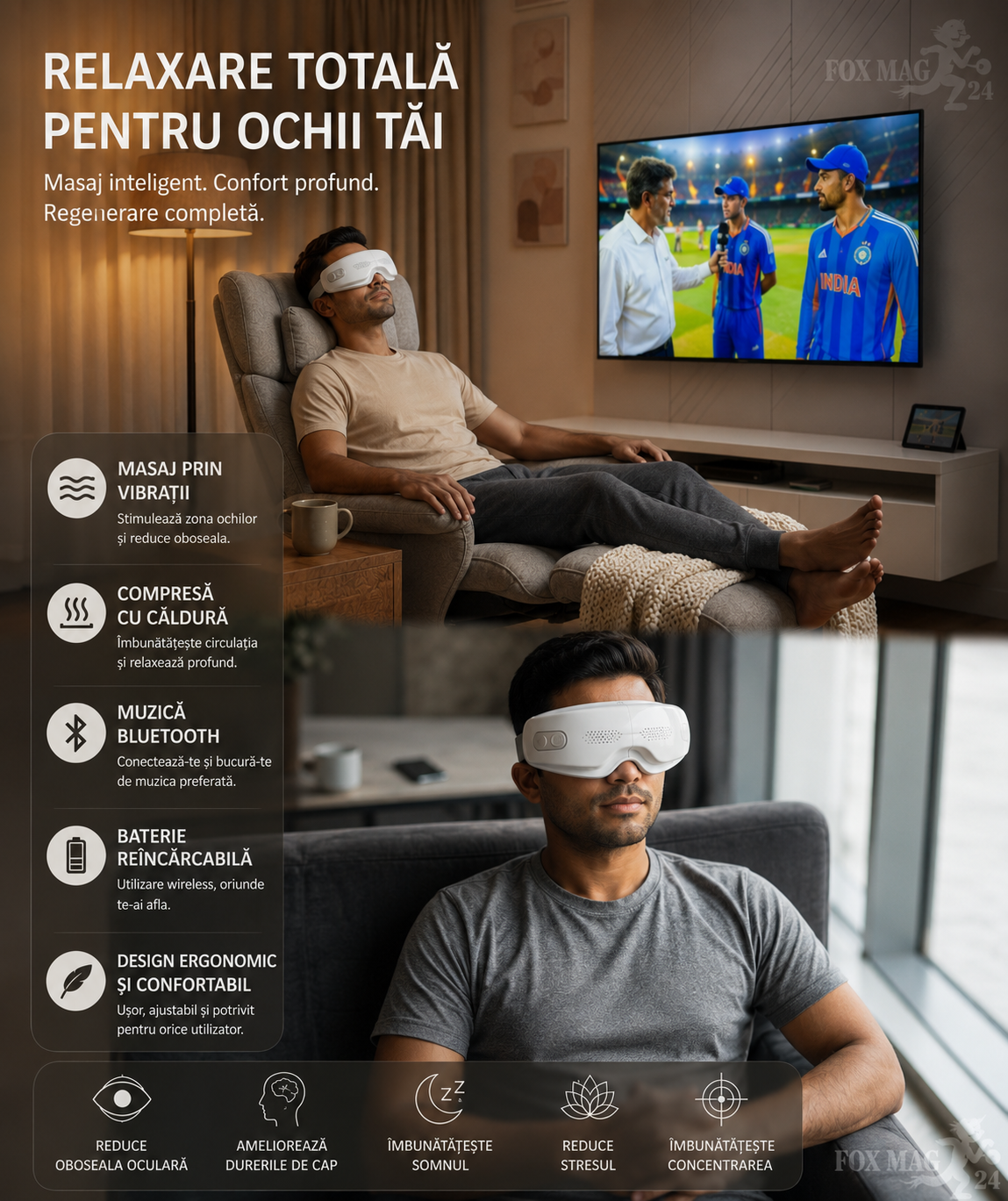 Masca pentru ochi, electrica, cu incalzire si vibratii, USB reincarcabila, pentru relaxare, din silicon moale, gri