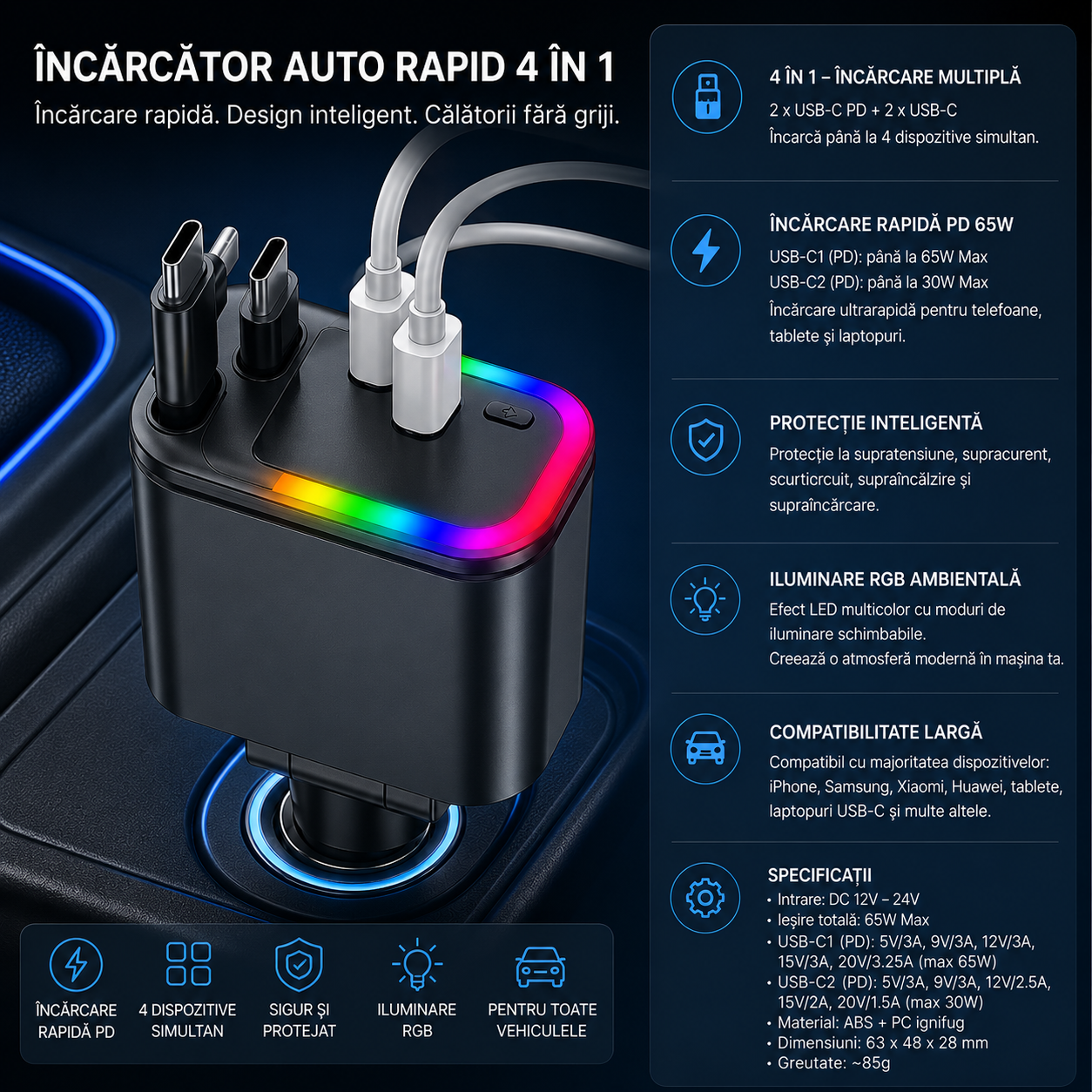 Modulator FM Bluetooth Auto cu USB-C, USB, Incarcare Rapida si LED RGB, negru