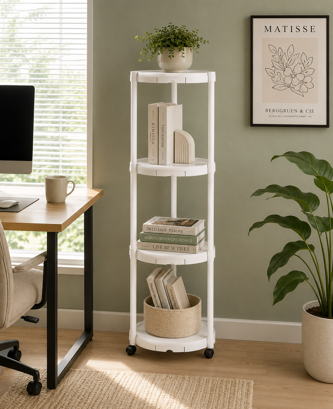 Suport multifunctional pentru flori si plante, cu 4 niveluri si roti, metalic, interior si exterior, alb