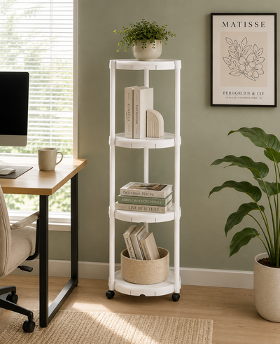 Suport multifunctional pentru flori si plante, cu 4 niveluri si roti, metalic, interior si exterior, alb