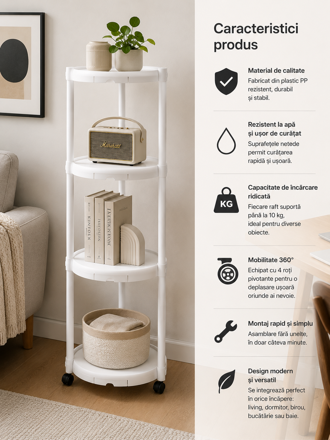 Suport multifunctional pentru flori si plante, cu 4 niveluri si roti, metalic, interior si exterior, alb
